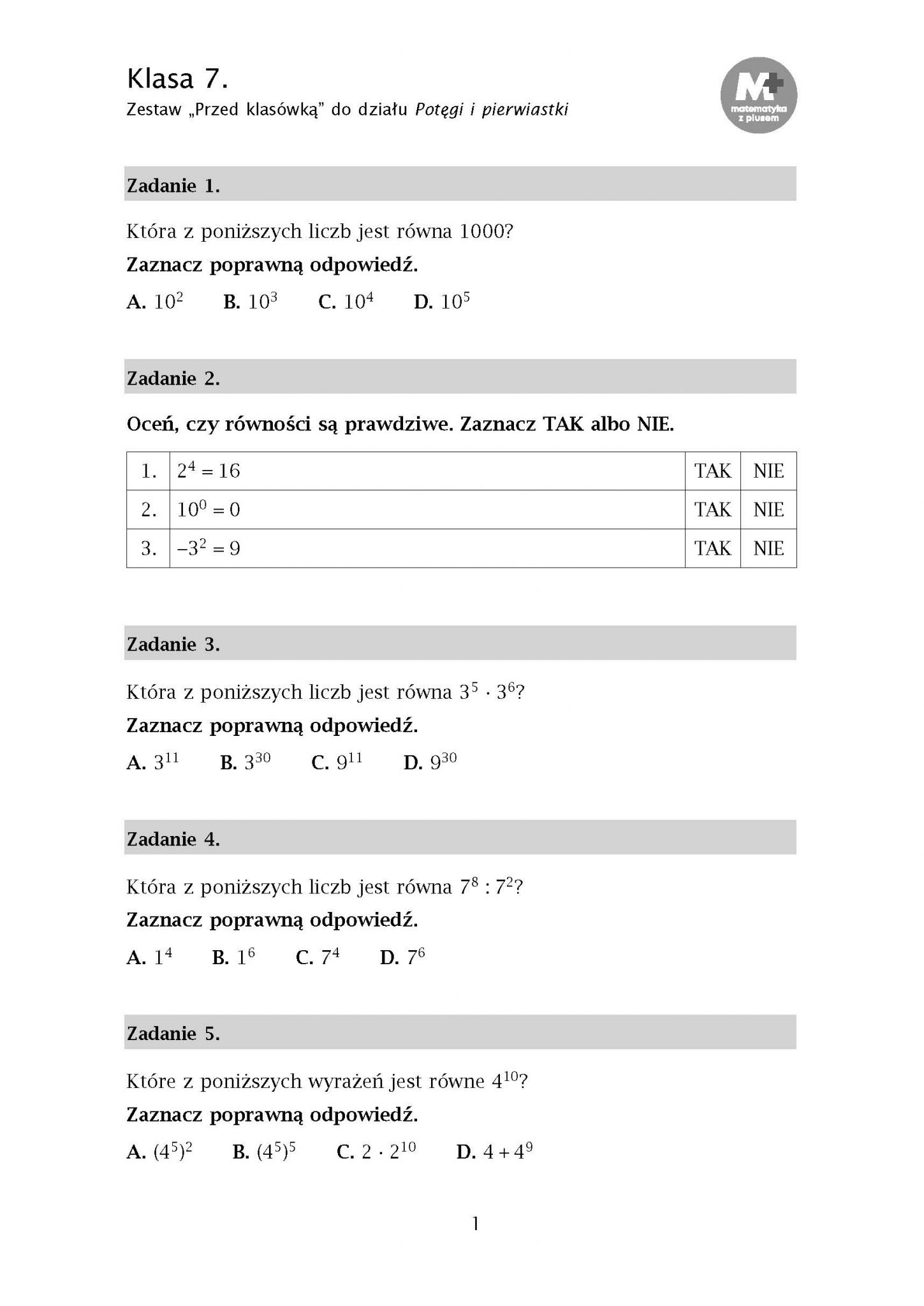 Potęgi Klasa 7 Sprawdzian Profesor gwo.pl